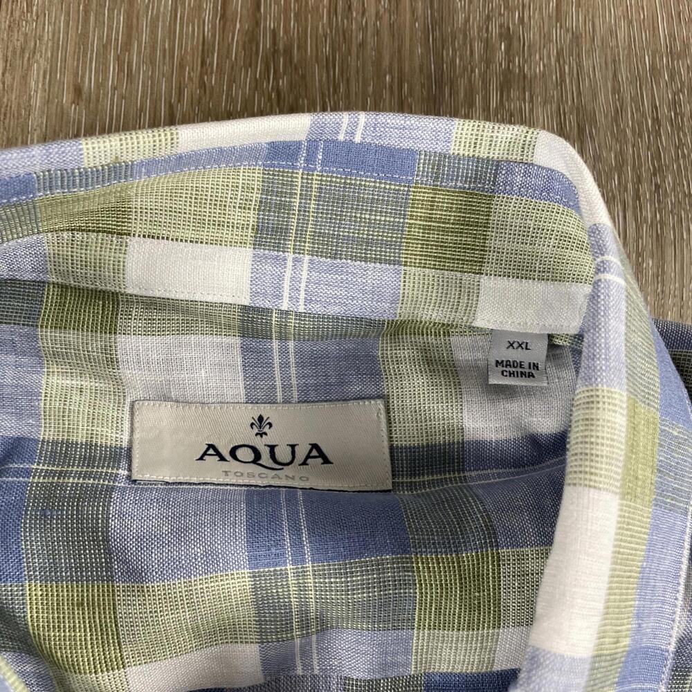 Toscano Aqua Men's Linen Gingham Plaid Button Up Shirt Blue Green Men's 2XL - Picture 4 of 10